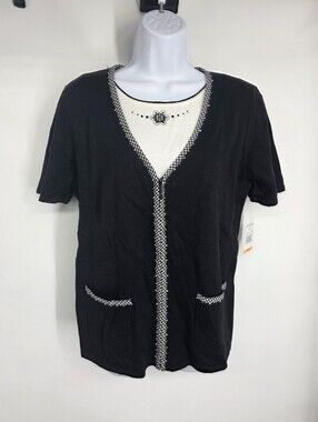 Alfred Dunner NWT Women Small 2-in-1 Zip Front Sweater Top Gingham Black White
